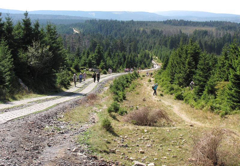 brocken_kolonnenweg.jpg - De derde wandeldag op de Hexen-stieg begint in Torfhaus en eindigd in Schierke. Je kunt ook zeggen: we wandelen van de westkant van de Brocken naar de top en dalen aan de oostkant af om in Schierke te eindigen. De foto laat de kolonnenweg zien die vroeger door de oostduitse soldaten werd gebruikt. Deze weg is een (steil) onderdeel van de route naar de top van de Brocken.